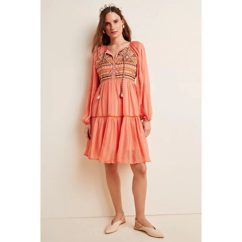 Anthropologie Norah Tiered Embroidered Mini Dress